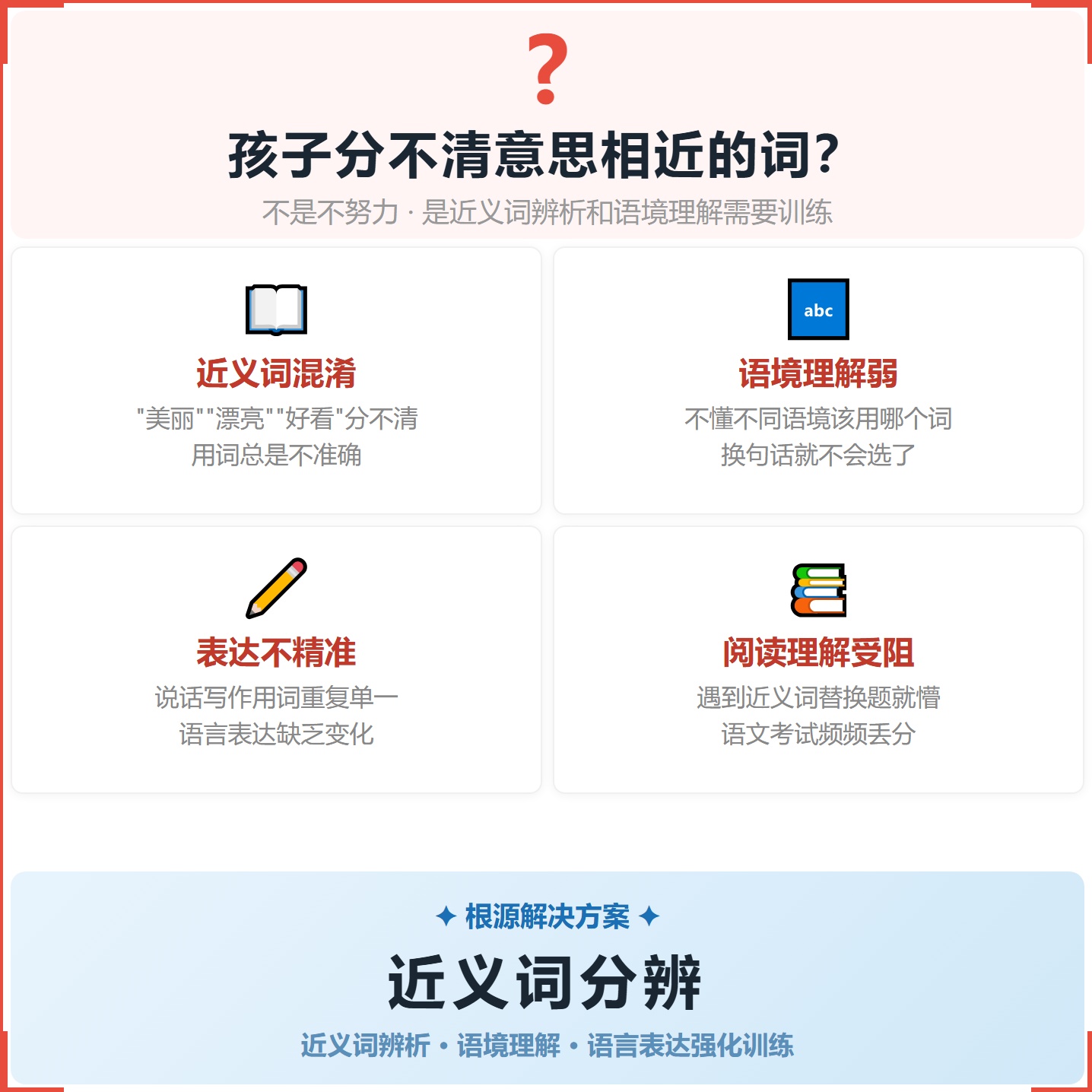 《近义词分辨》如何帮助孩子精准用词、提升语言表达，科学训练近义词辨析与语境理解