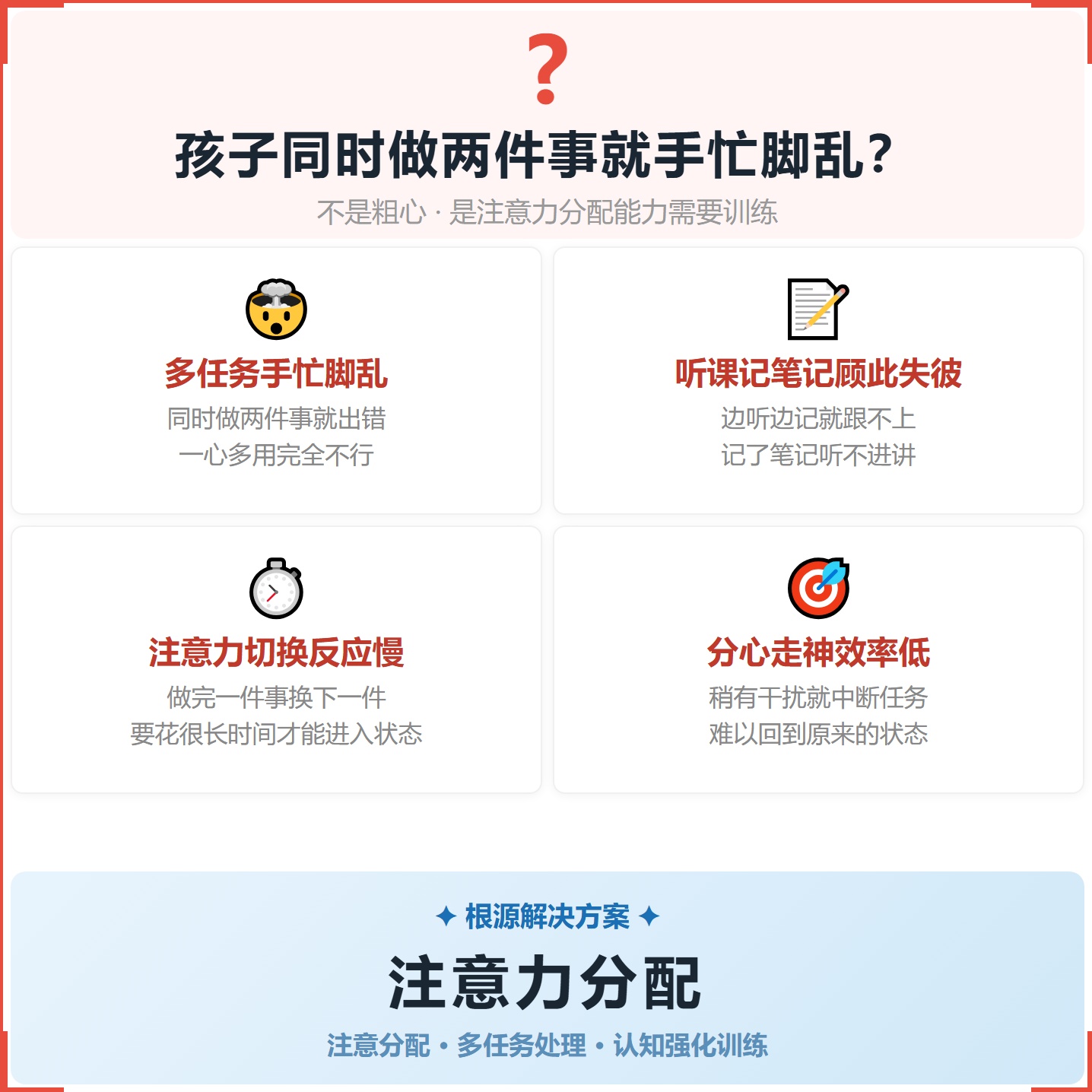 《注意力分配》如何帮助孩子从“同时做两件事就手忙脚乱”走向灵活调配、高效兼顾，科学训练注意力分配与多任务处理