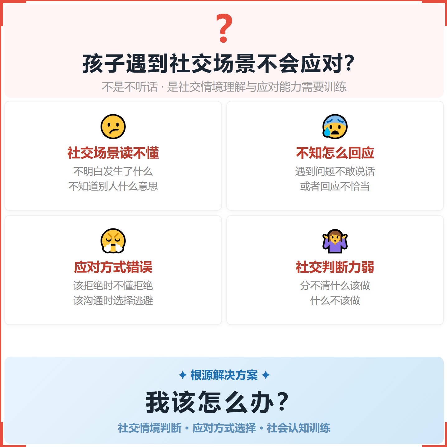 《我该怎么办？》如何帮助孩子从“遇到社交场景不会应对”走向准确理解、恰当回应，科学训练社交情境判断与应对能力