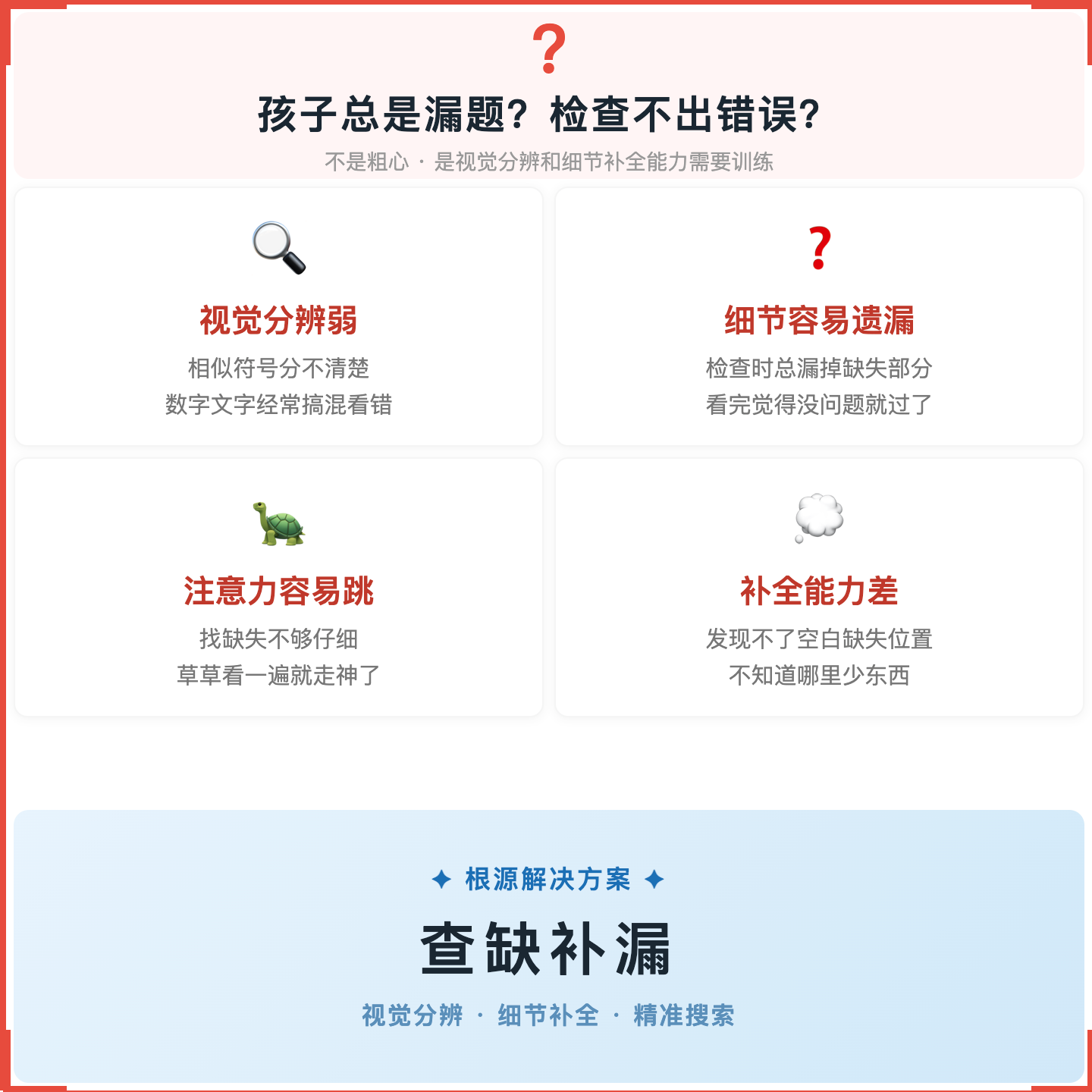《查缺补漏》如何帮助孩子减少漏题、提升检查能力,科学训练视觉分辨与细节补全