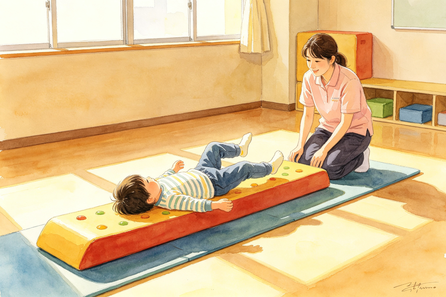 让他在垫子上滚成一条直线,半米没到就歪到一边:孩子连「打滚」都打不利索,问题出在身体这条中缝上