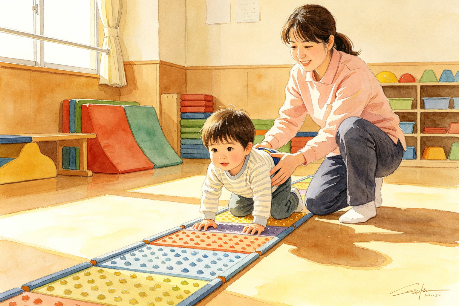 让他在垫子上滚成一条直线,半米没到就歪到一边:孩子连「打滚」都打不利索,问题出在身体这条中缝上
