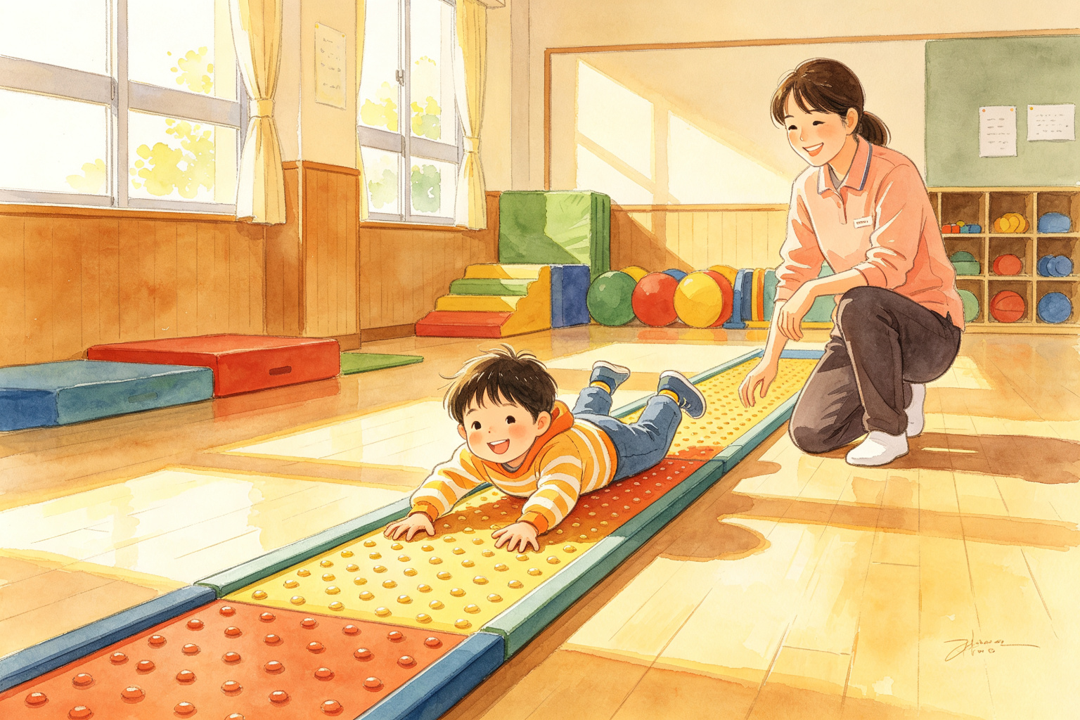 让他在垫子上滚成一条直线,半米没到就歪到一边:孩子连「打滚」都打不利索,问题出在身体这条中缝上